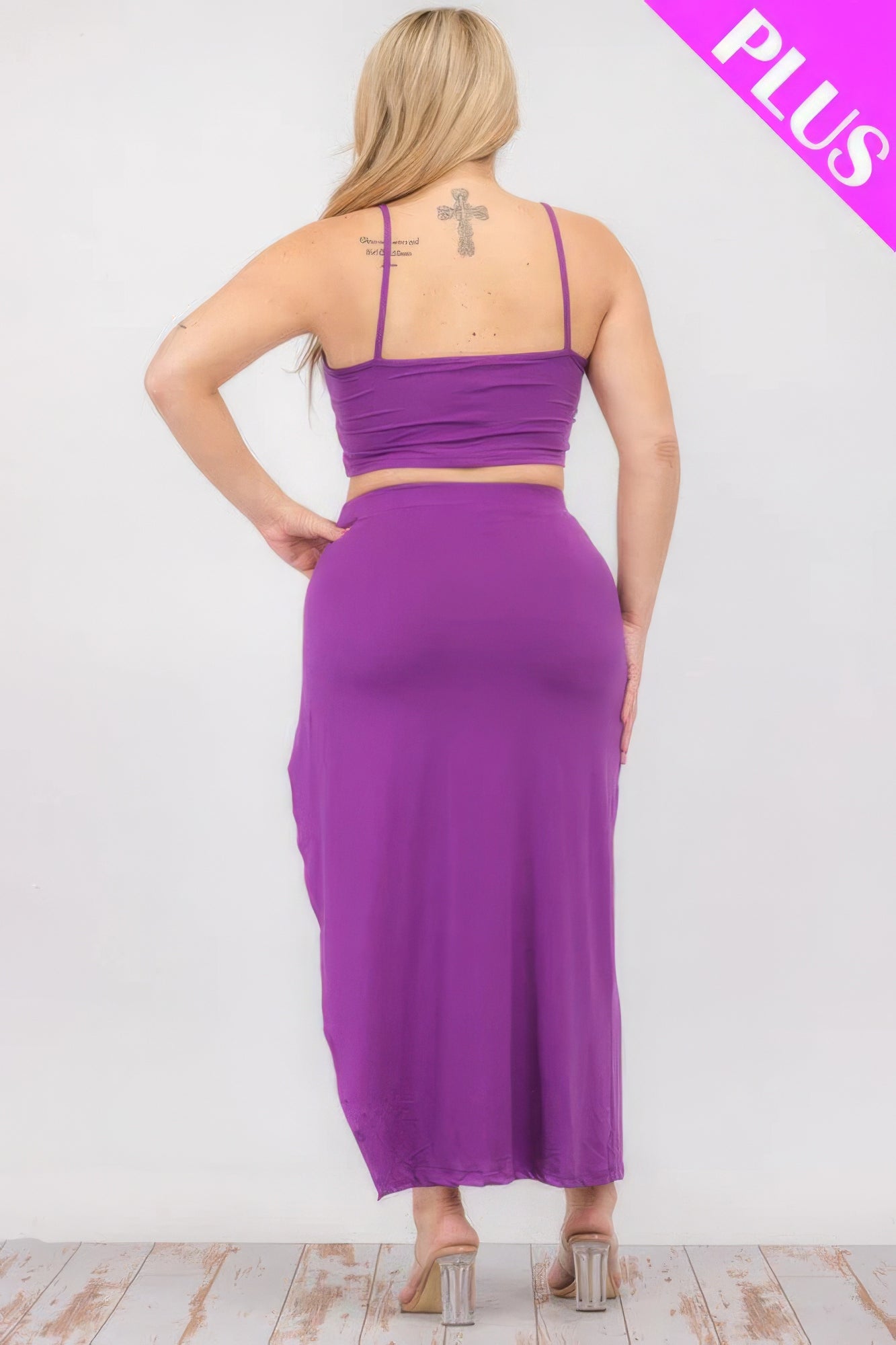 plus size purple crop cami and split thigh maxi skirt set rear view