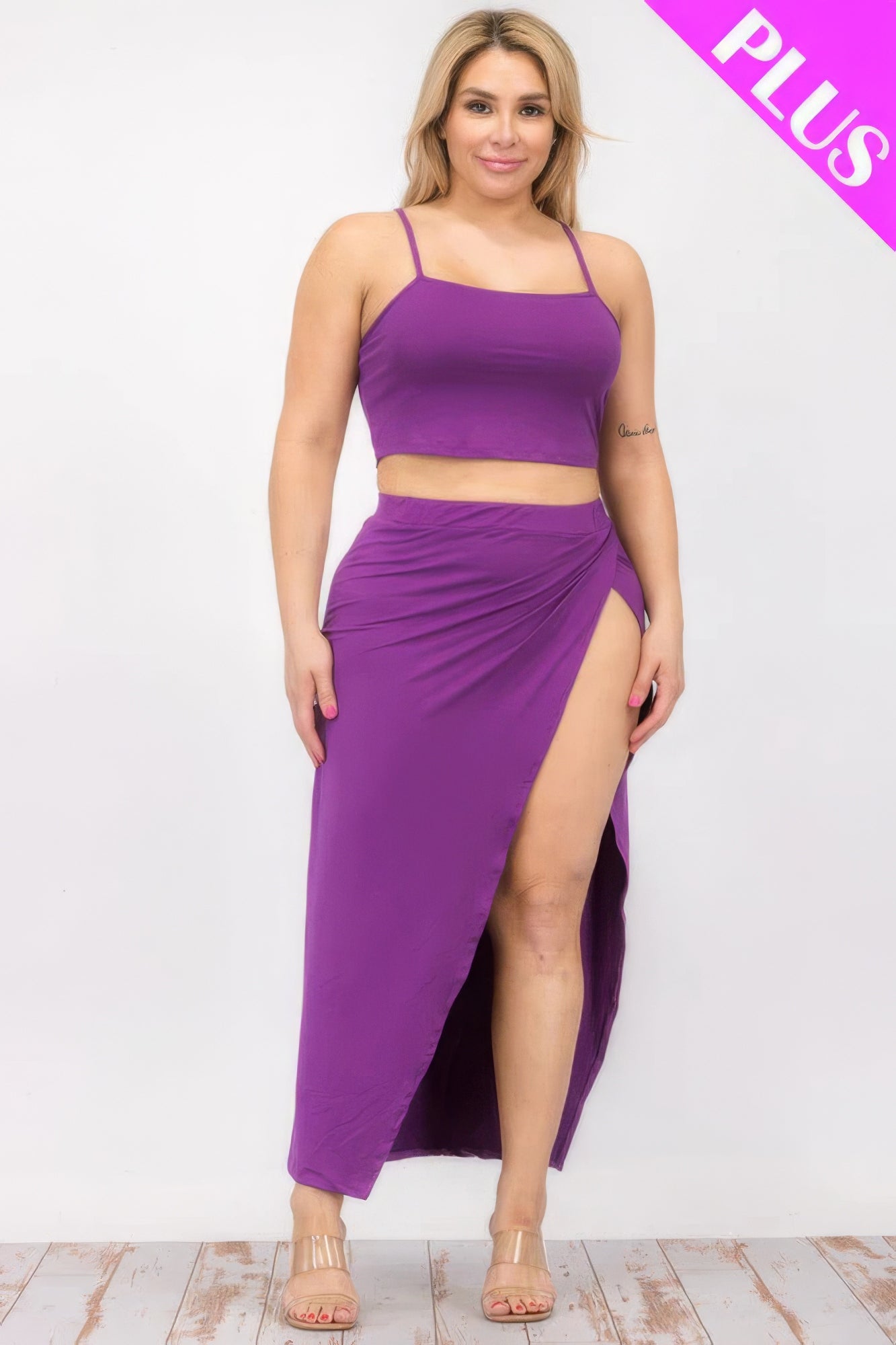 Plus size purple crop cami and split thigh maxi skirt set, showcasing stylish and comfortable fashion.