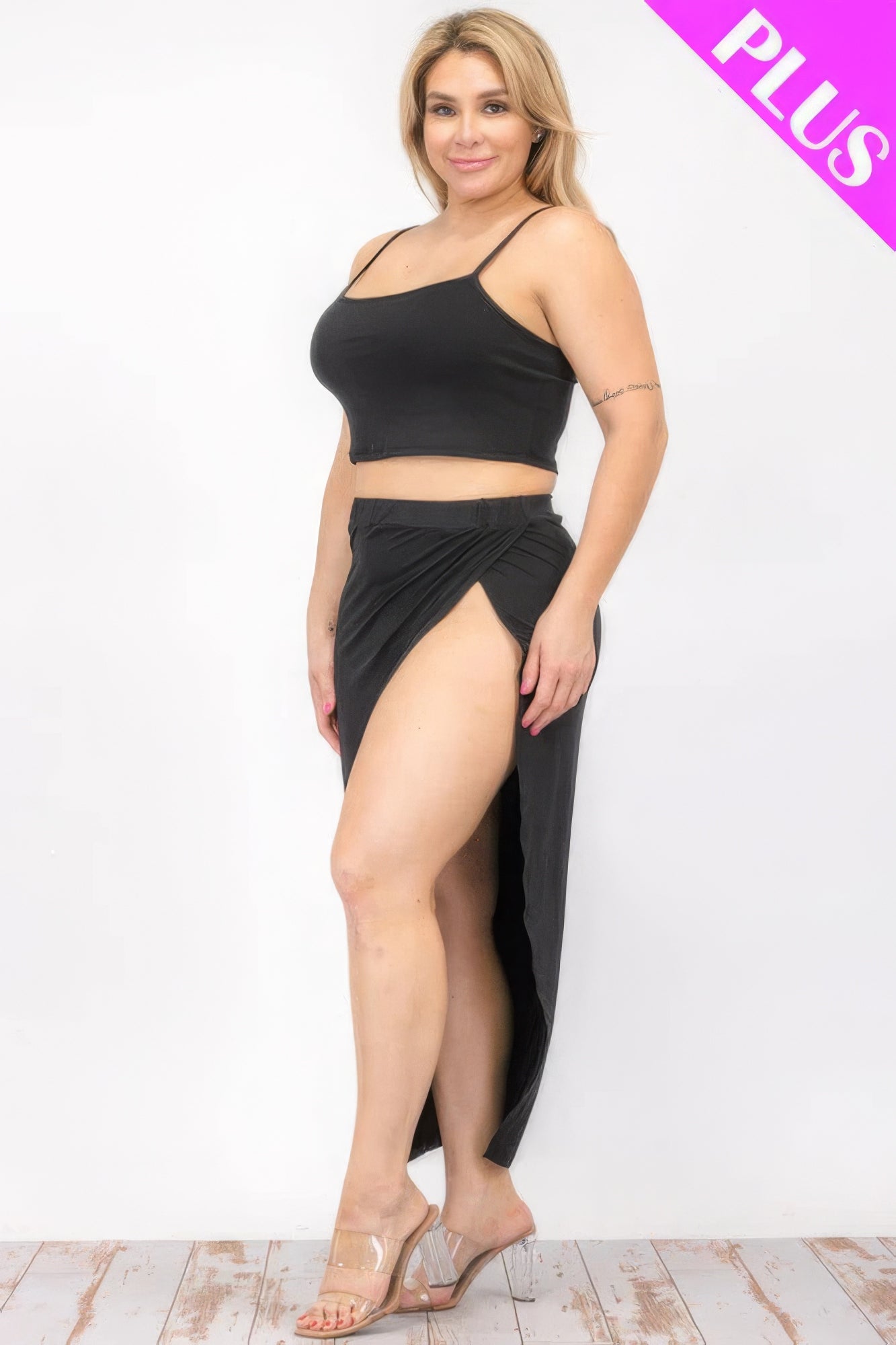 Plus size crop cami with split thigh maxi skirt set in black, highlighting stylish and comfortable design.