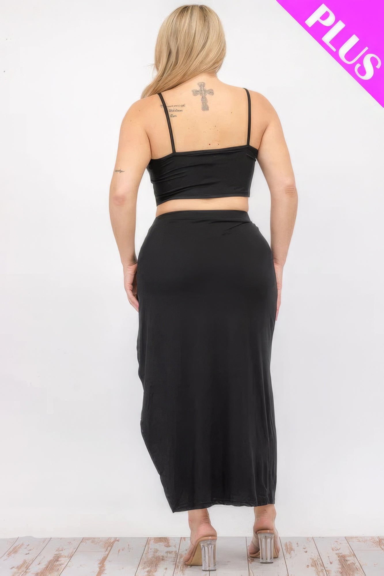 Plus size black crop cami and split thigh maxi skirt set, back view of stylish outfit highlighting comfort and fit.