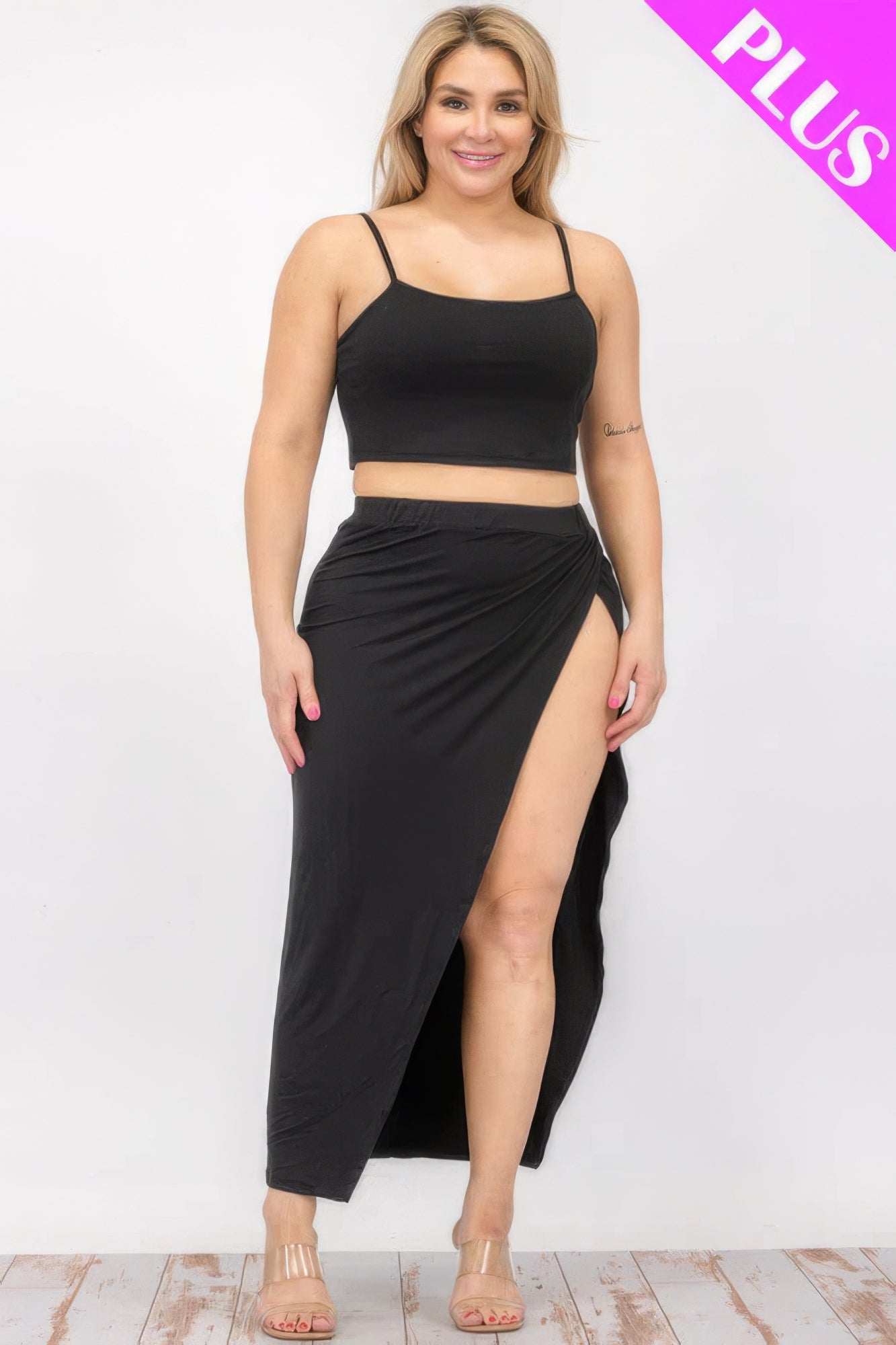 Plus size black crop cami and split thigh maxi skirt set, featuring a stylish design for comfort and elegance.