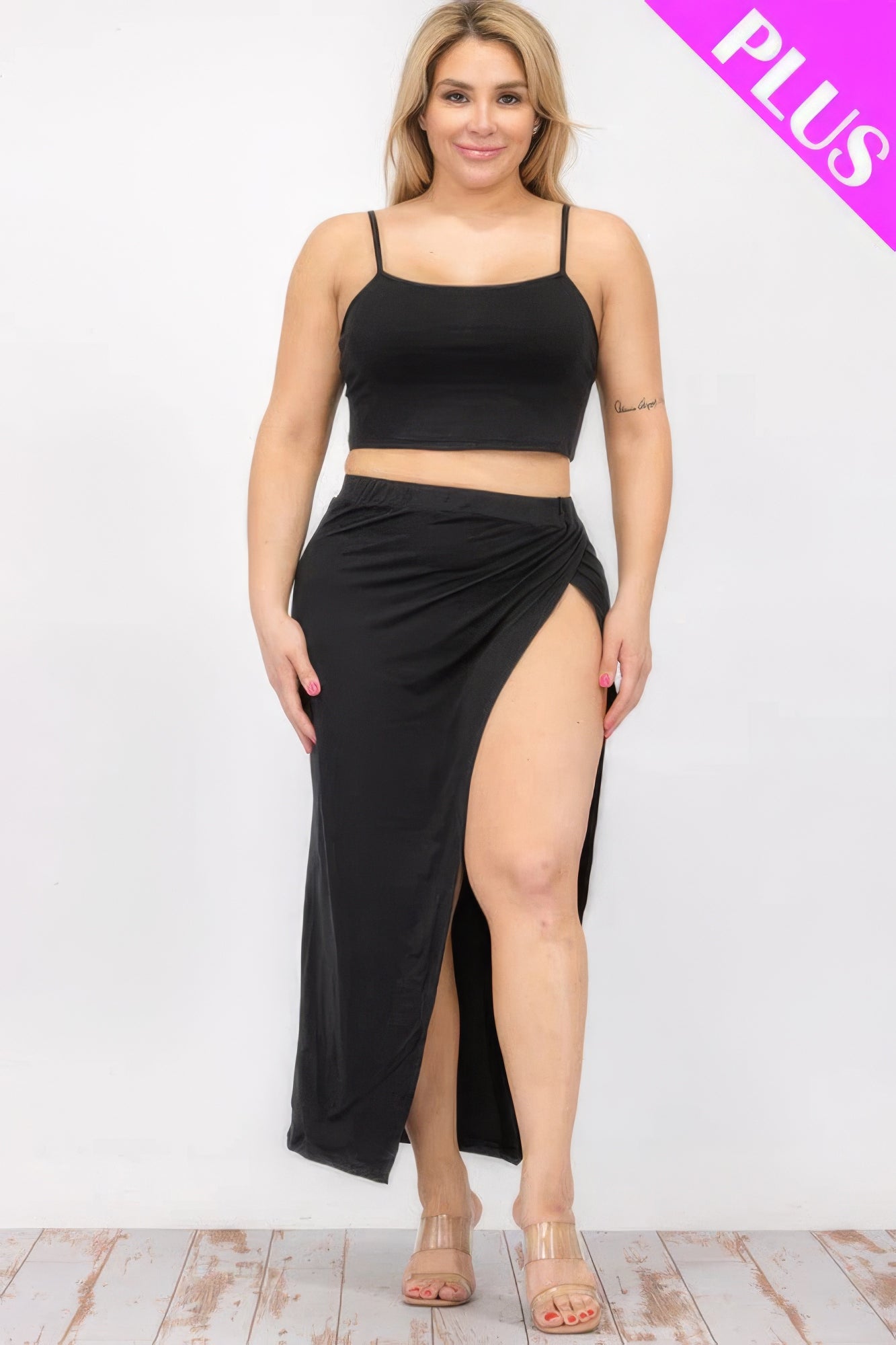 Plus Size Black Crop Cami and Split Thigh Maxi Skirt Set - Stylish and Comfortable Outfit for Any Occasion