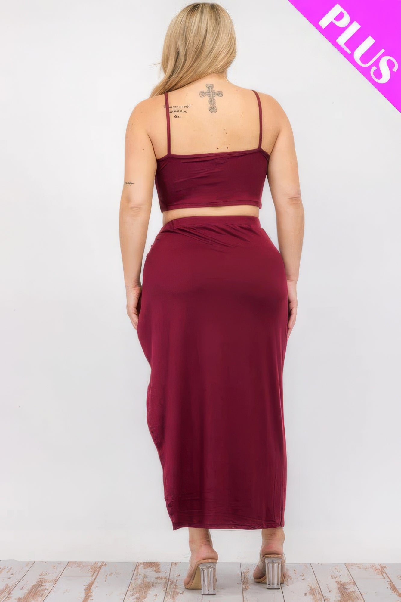 Plus size maroon crop cami and split thigh maxi skirt set, back view, showcasing elegant design and comfortable fit.