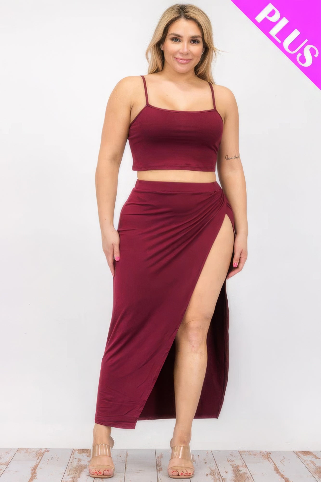 Plus Size Crop Cami & Split Thigh Maxi Skirt Set in burgundy, stylish and comfortable, featuring a trendy slit design.