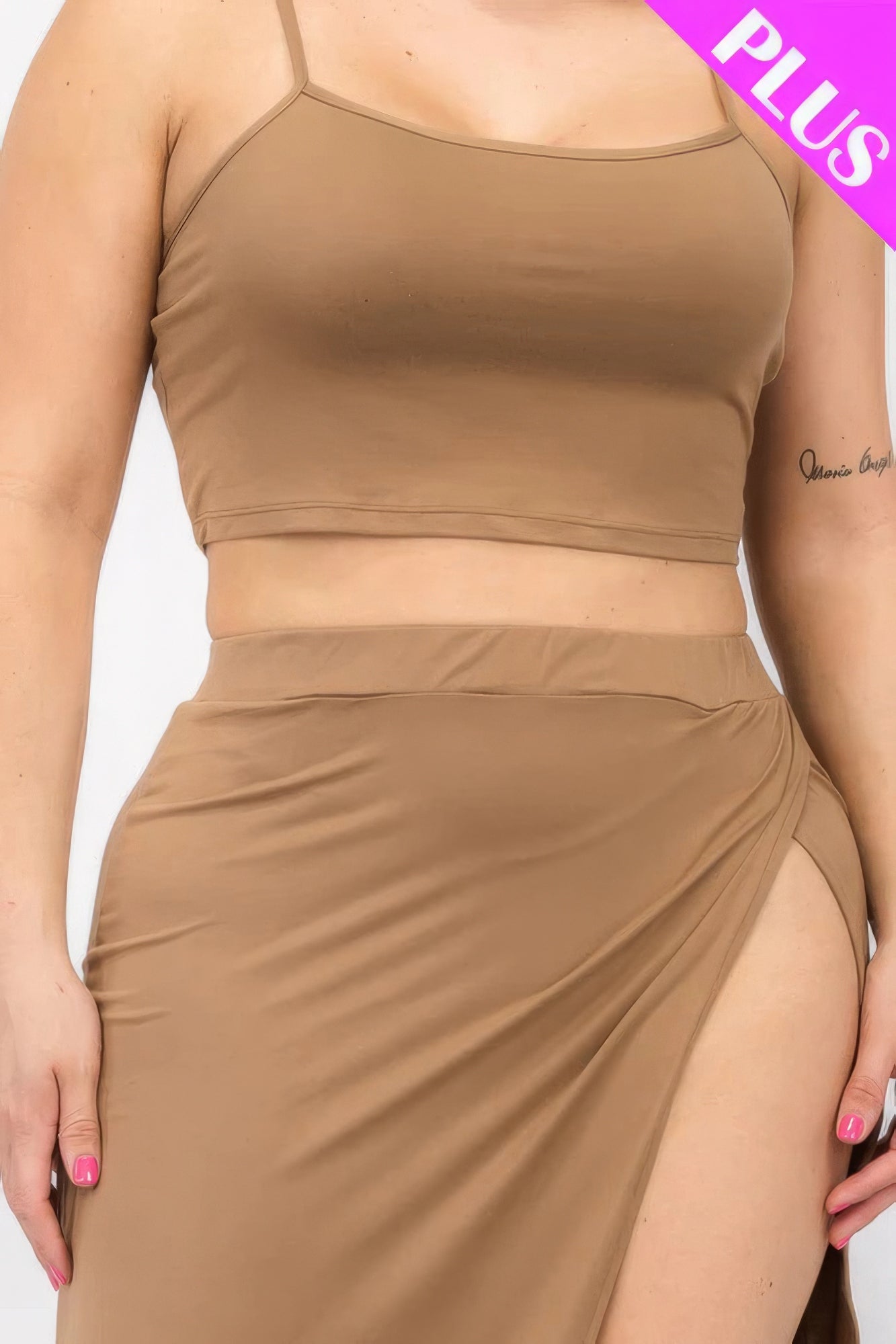 Plus size crop cami and split thigh maxi skirt set in brown, showcasing stylish and comfortable fashion crafted with durable polyester spandex blend.