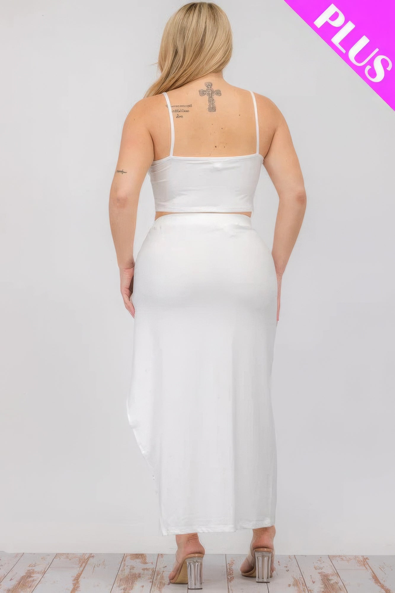 Plus Size Crop Cami and Split Thigh Maxi Skirt Set in White, back view, featuring comfortable and stylish design.
