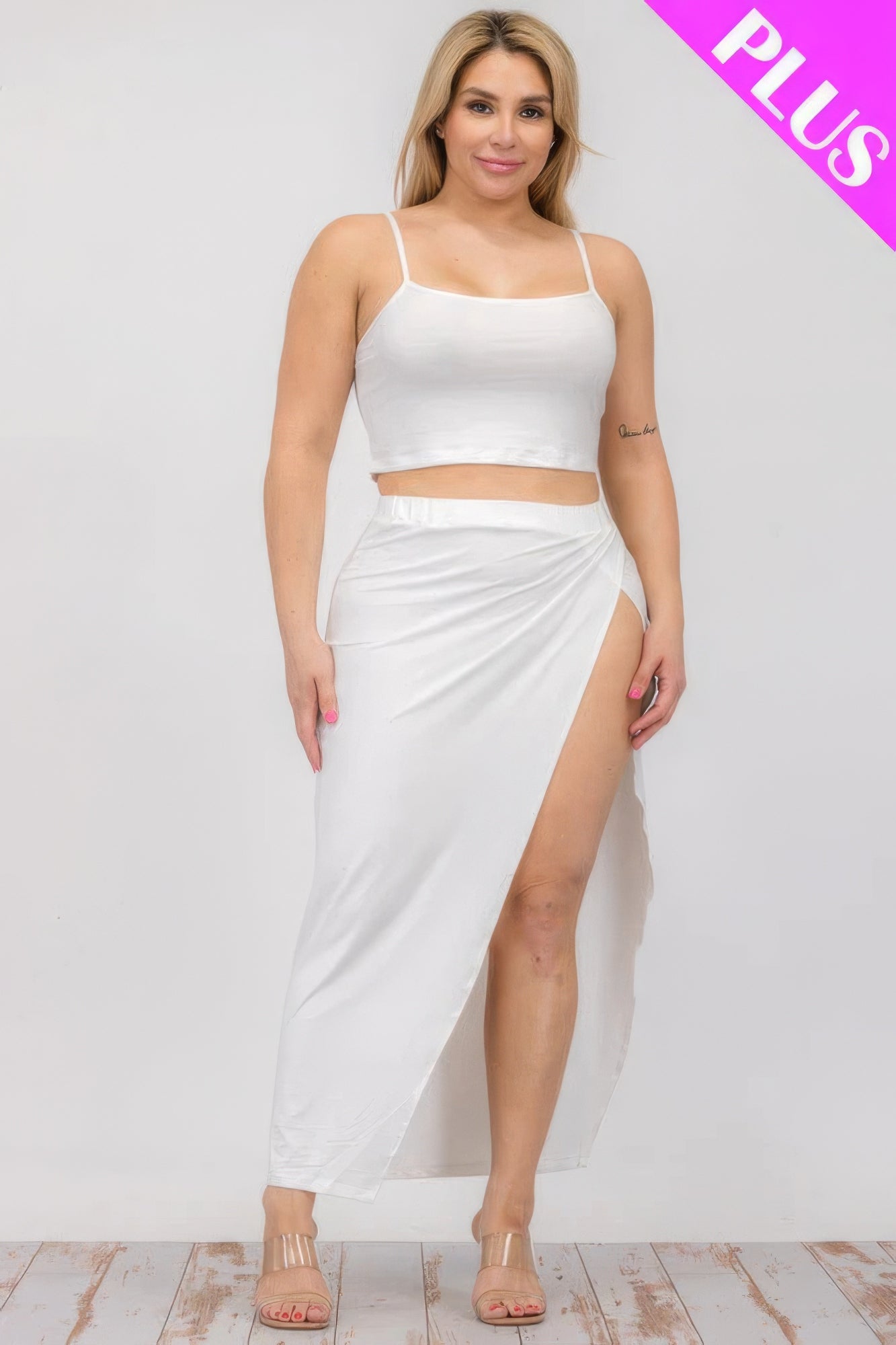 Plus size crop cami and split thigh maxi skirt set in white, featuring a stylish and comfortable design.
