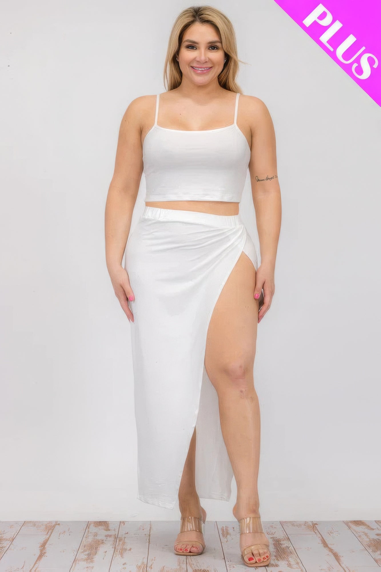 Plus size crop cami and split thigh maxi skirt set in white, offering stylish comfort and elegance for a chic wardrobe update.