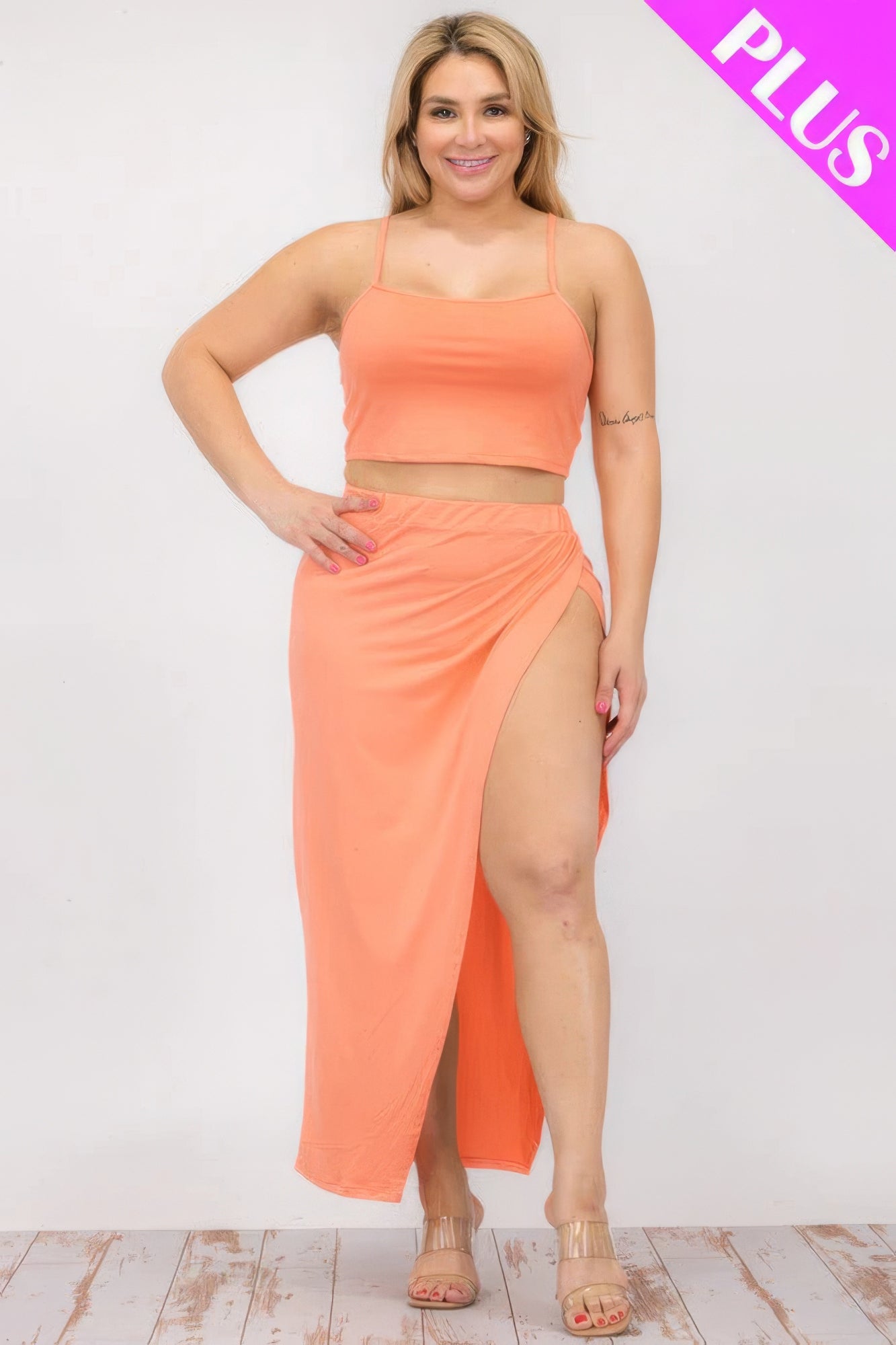 Plus Size Crop Cami and Split Thigh Maxi Skirt Set in coral color, featuring comfortable and stylish design for versatile wear.