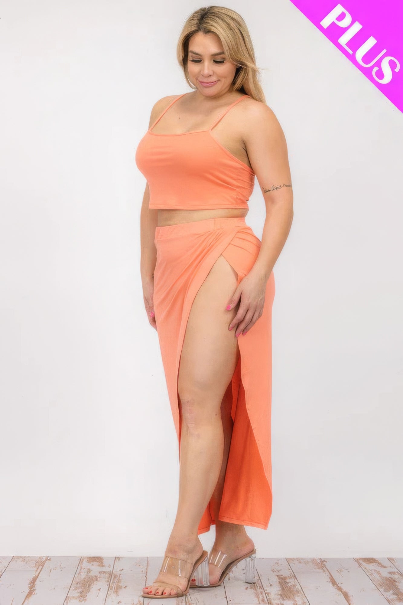 Plus Size Crop Cami and Split Thigh Maxi Skirt Set in Peach Orange, showcasing stylish and comfortable fashion for curvy women.