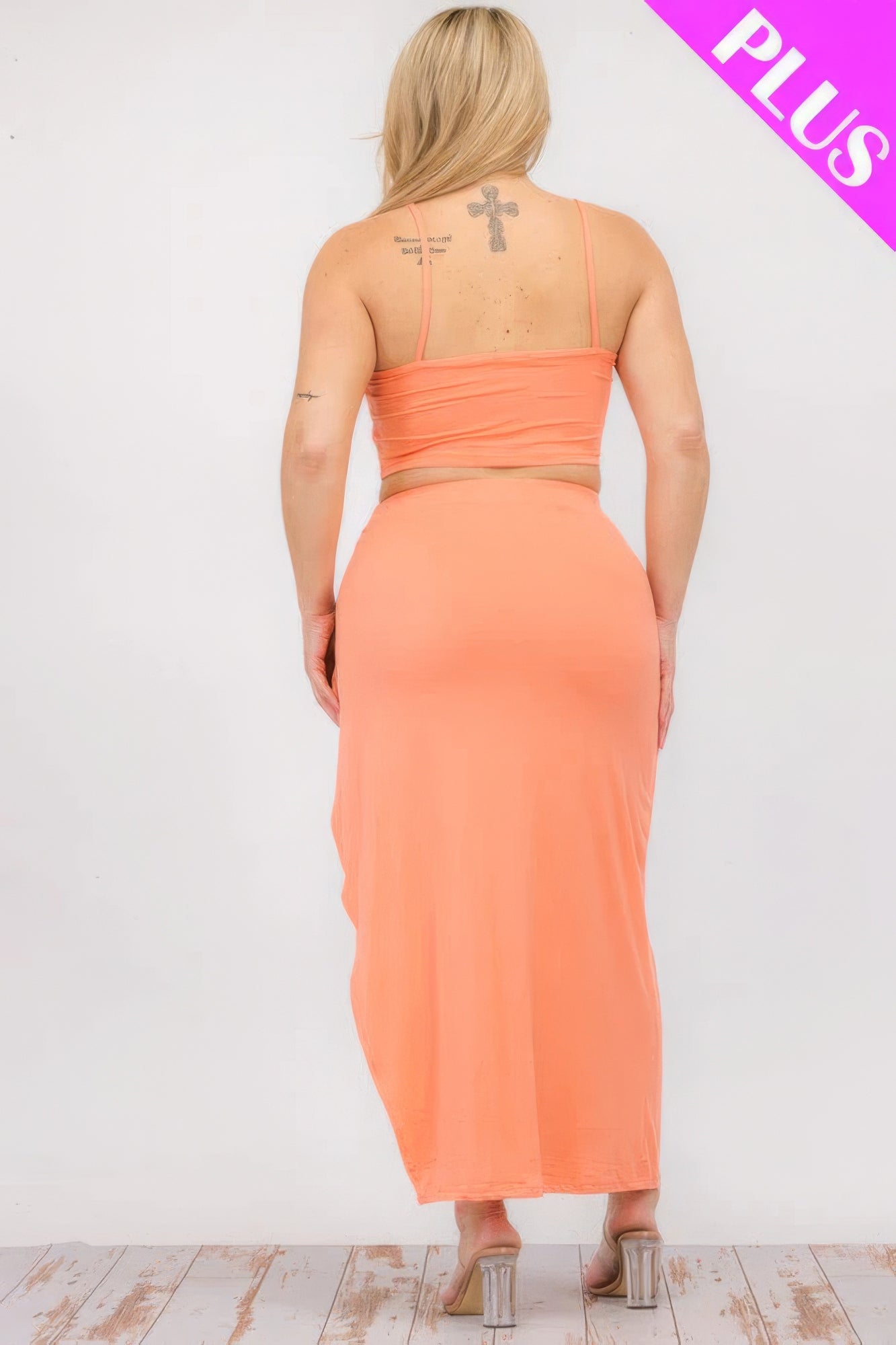 Plus size orange crop cami and split thigh maxi skirt set, back view, stylish and comfortable fashion.