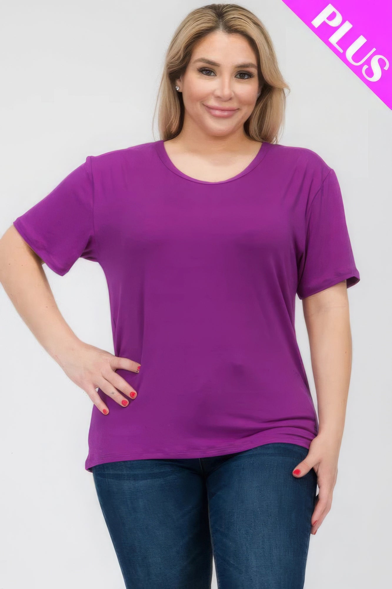 Plus size basic short sleeve T-shirt in purple, featuring a relaxed fit for comfort, available at Loveitclothing.com.