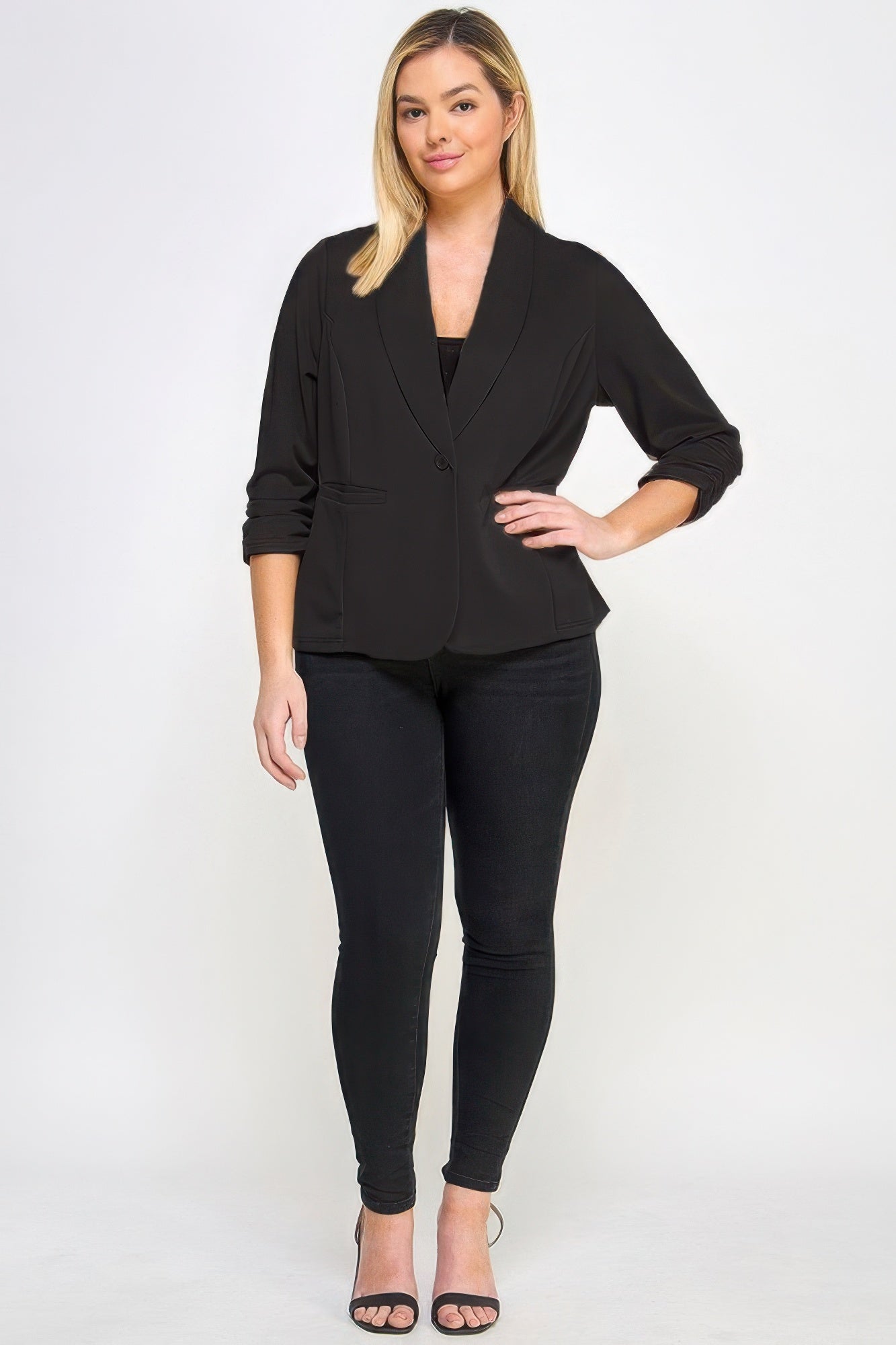 Woman wearing Techno Scuba Blazer with Pockets, chic and comfortable outfit by Loveitclothing.com.