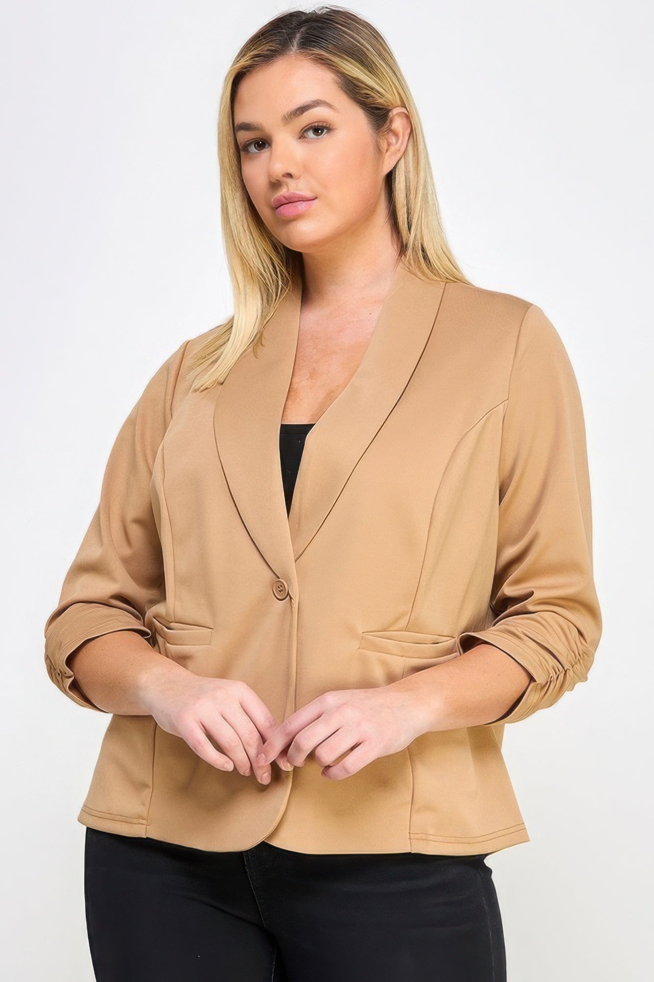 Woman wearing Techno Scuba Blazer with Pockets from Loveitclothing.com, showcasing sophisticated style and comfort.