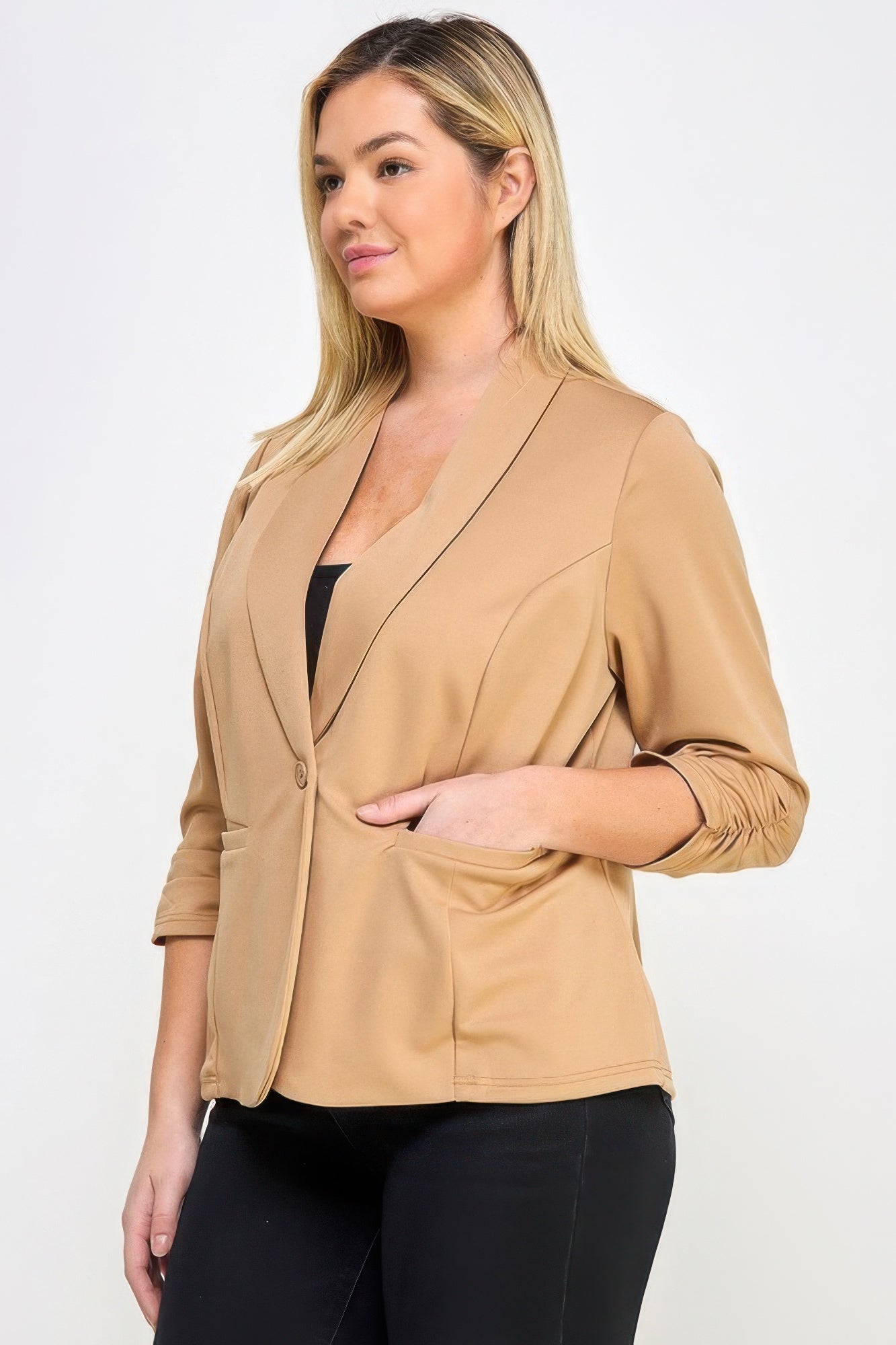 Woman wearing Techno Scuba Blazer with Pockets from Loveitclothing.com, combining style and comfort for modern fashion.