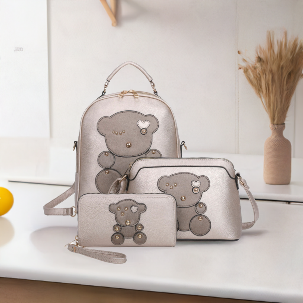 3in1 Cute Bear Design Handle Backpack W Crossbody And Wallet Set