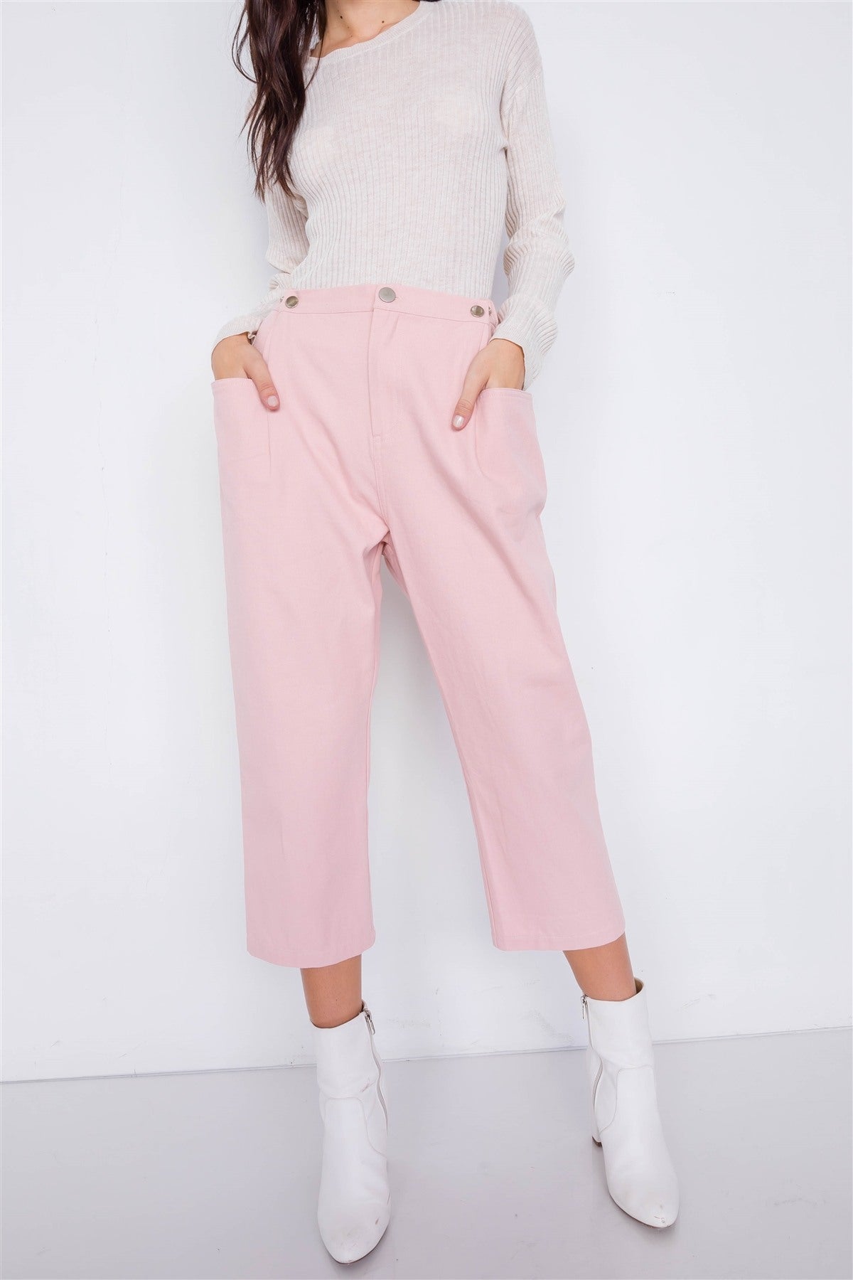 Pastel Chic Solid Ankle Wide Leg Adjustable Snap Waist Pants