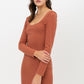 U Neck Of Front And Back Side, Basic Rib Dress With Long Sleeve