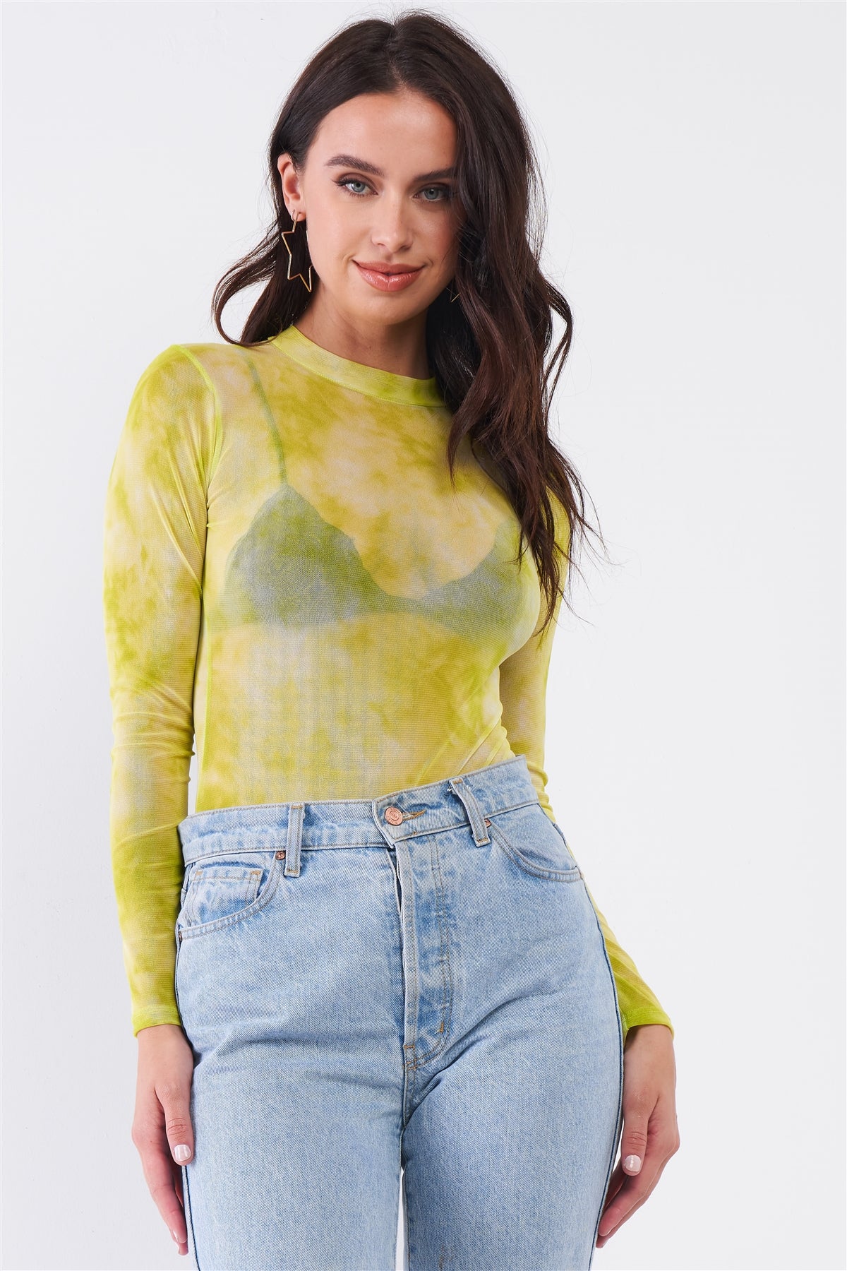 Neon Green Sexy Sheer Mesh Long Sleeve Mock Neck Bodysuit