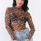 Taupe Brown Jaguar Print Sheer Mesh Mock Neck Long Sleeve Bodysuit