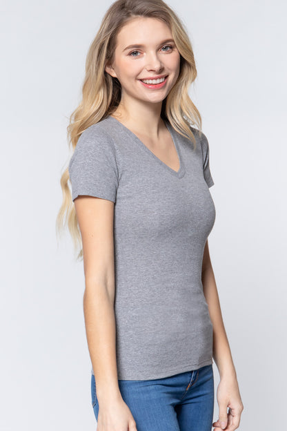 Short Sleeve V-neck Rib Top