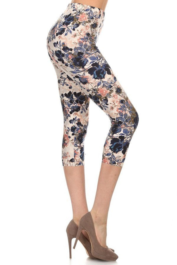 Multi-color Print, Cropped Capri Leggings In A Fitted Style With A Banded High Waist