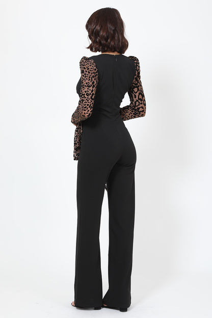 Plunging V Buckle Detail Leopard Jumpsuit