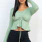 Ribbed Drawstring Front Long Sleeve Peplum Top