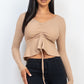 Ribbed Drawstring Front Long Sleeve Peplum Top