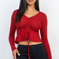 Ribbed Drawstring Front Long Sleeve Peplum Top