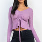 Ribbed Drawstring Front Long Sleeve Peplum Top