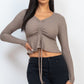 Ribbed Drawstring Front Long Sleeve Peplum Top