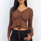 Ribbed Drawstring Front Long Sleeve Peplum Top