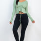 Ribbed Drawstring Front Long Sleeve Peplum Top