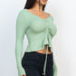 Ribbed Drawstring Front Long Sleeve Peplum Top