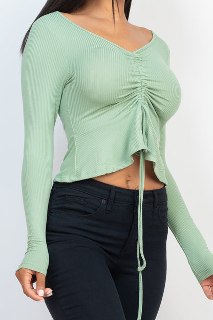 Ribbed Drawstring Front Long Sleeve Peplum Top