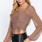 Long Slv Ruched Mesh Knit Top