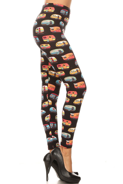 Multicolored Campers Printed, High Waisted Leggings In A Fit Style, With An Elastic Waistband