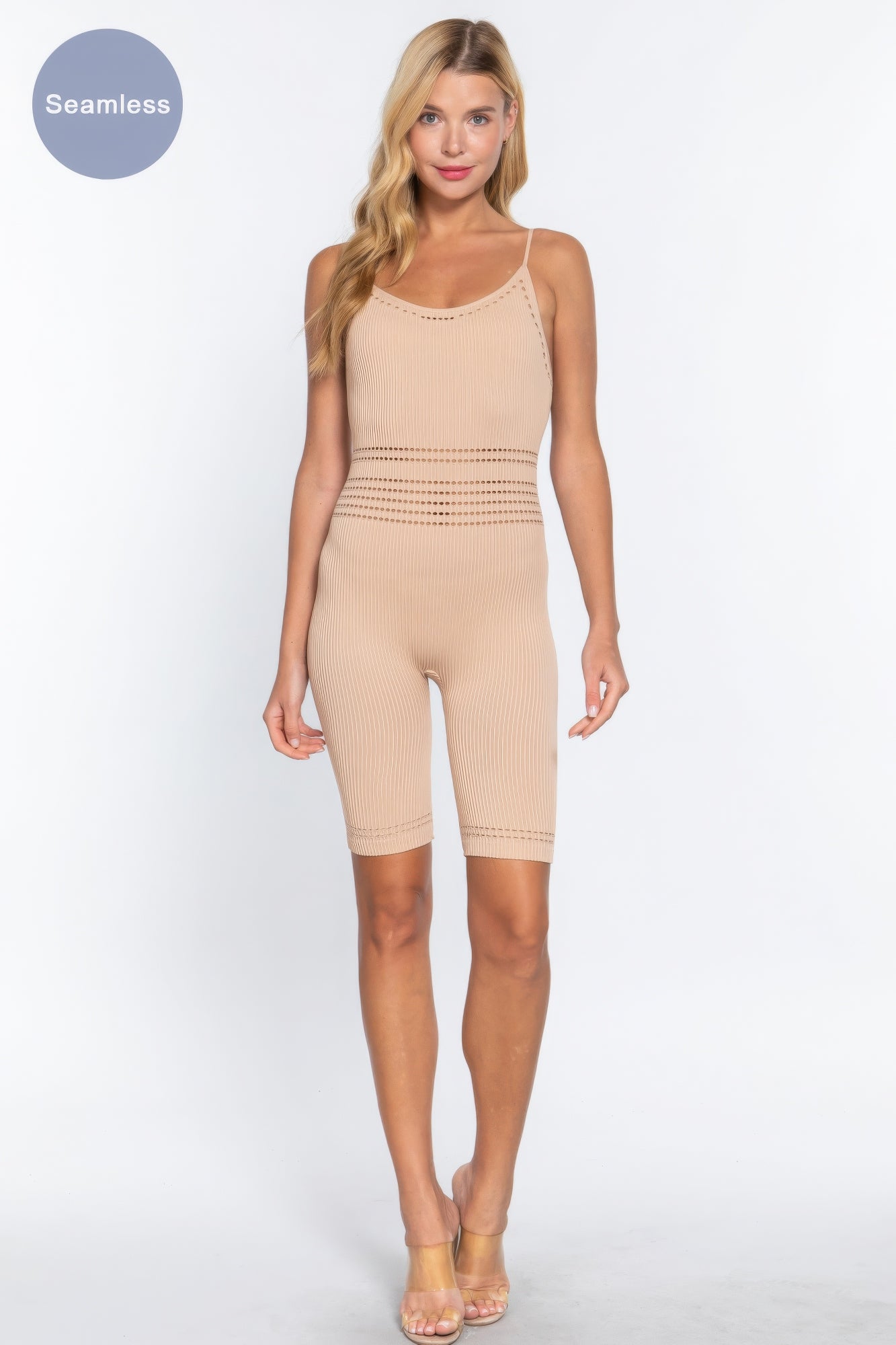 Round Neck Pointelle Detail Seamless Rib Romper