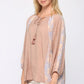 Solid Crinkle And Print Mix Raglan Sleeve Top With Tassel Tie