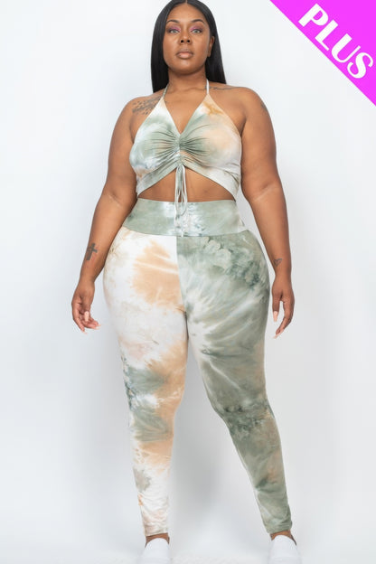 Plus size adjustable ruched crop top and leggings set in high-stretch jersey fabric, showcasing a stylish and flattering fit.