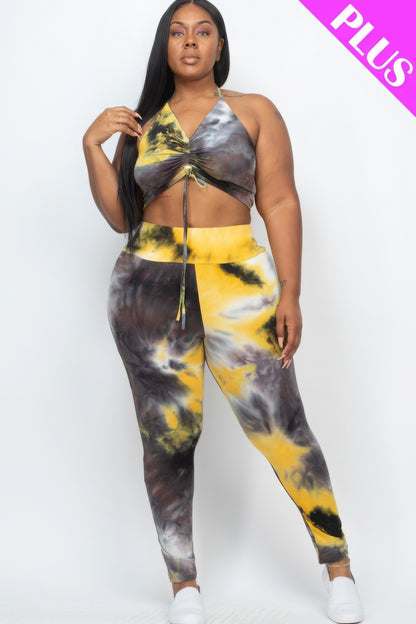 Plus size adjustable ruched crop top and leggings set in multicolor high-stretch jersey fabric featuring tie-dye design.