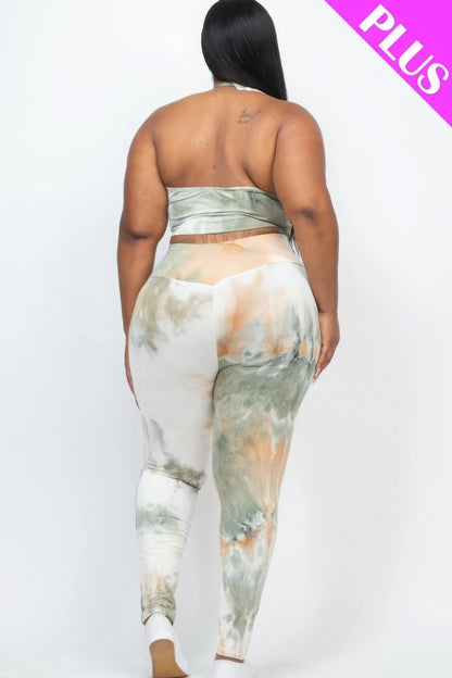 Plus size adjustable ruched crop top and leggings set in tie-dye print, soft high-stretch jersey fabric, back view.