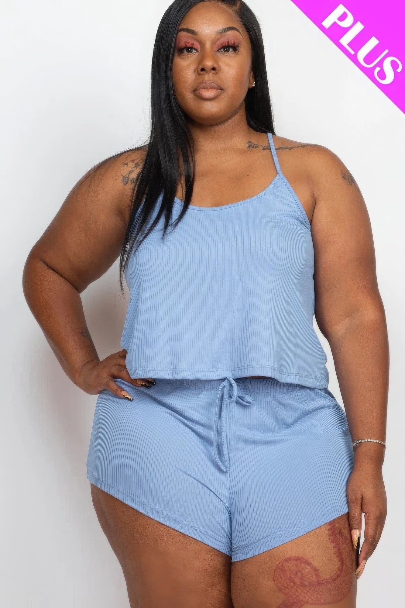 Plus size ribbed strappy top and shorts set in Cloud color, featuring high-stretch knit fabric for comfort and style.