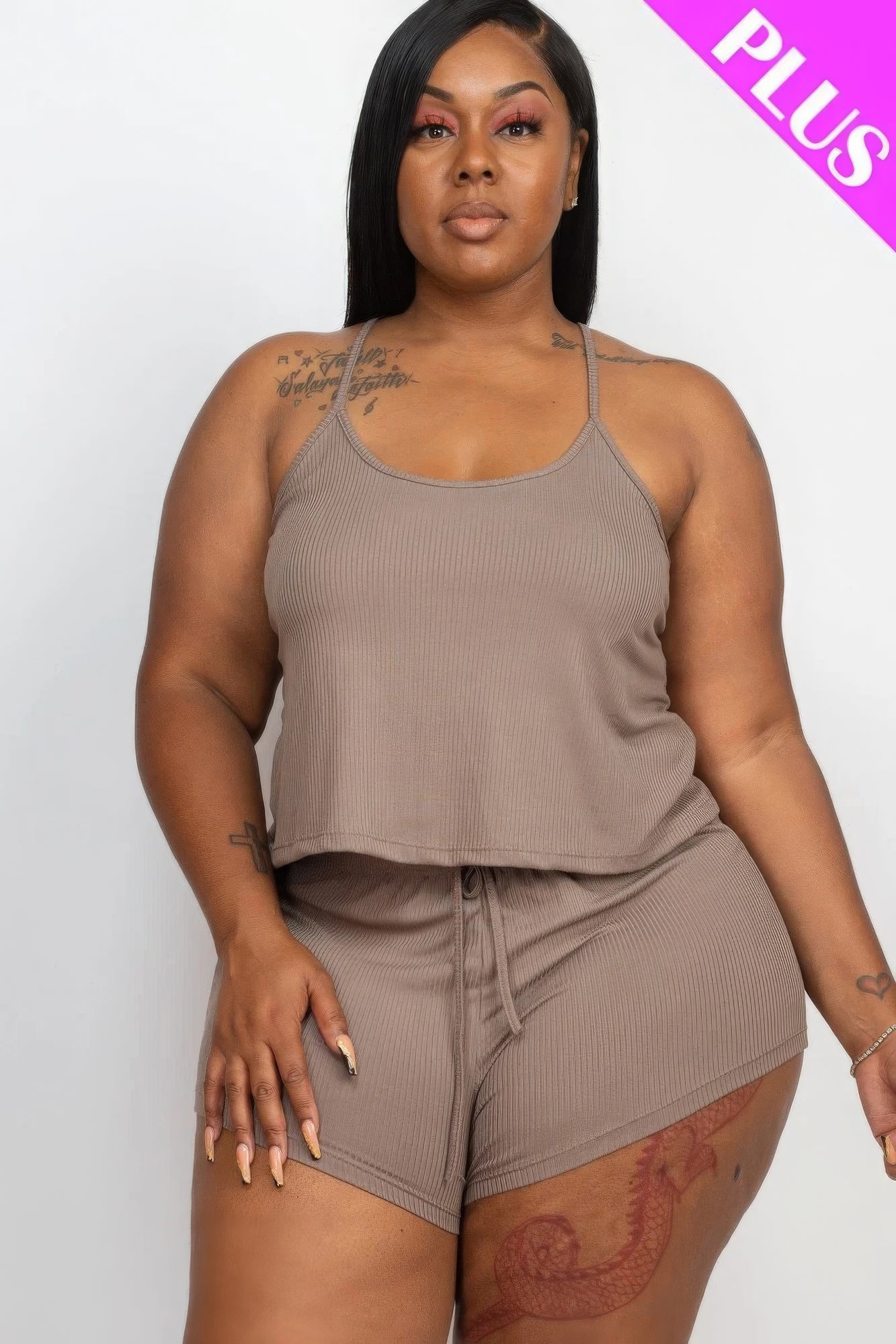 Plus size ribbed strappy top and shorts set in brown, featuring a comfortable fit and stylish design for casual wear.