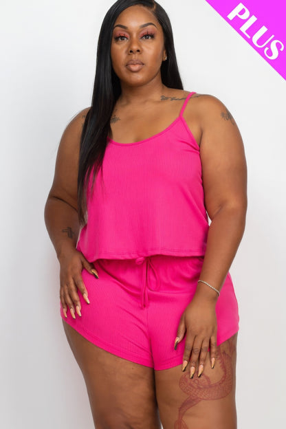 Plus size ribbed strappy top and shorts set in pink, featuring a stylish design for comfort and fashion.