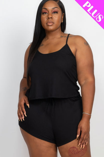 Plus size ribbed strappy top and shorts set in black, featuring a comfortable fit and stylish design for curvy figures.