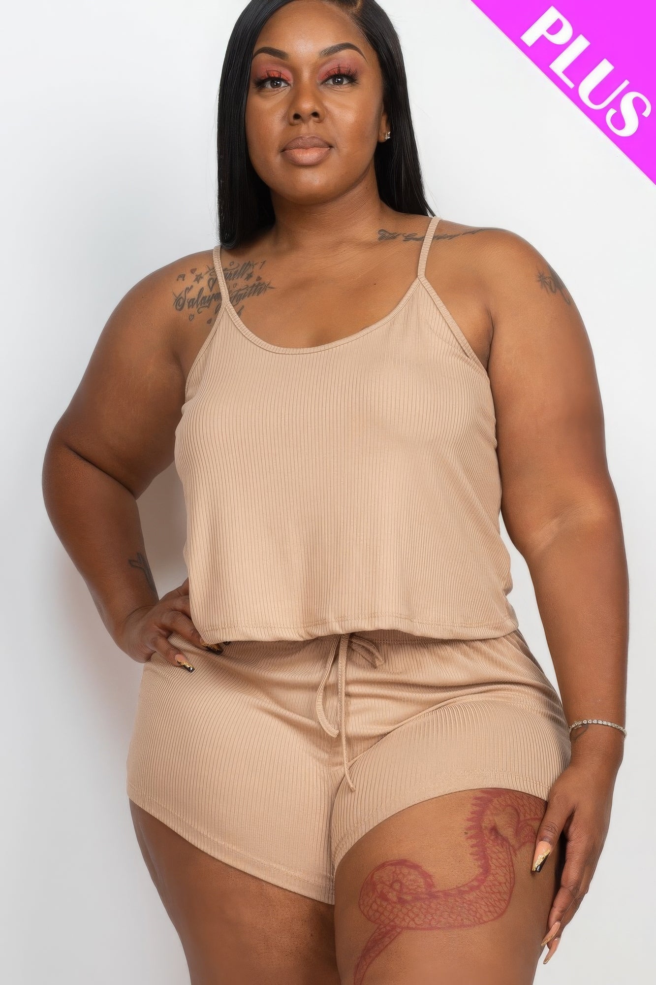 Plus Ribbed Strappy Top and Shorts Set in Cloud color, featuring a comfortable fit and stylish design for 1XL to 3XL sizes.