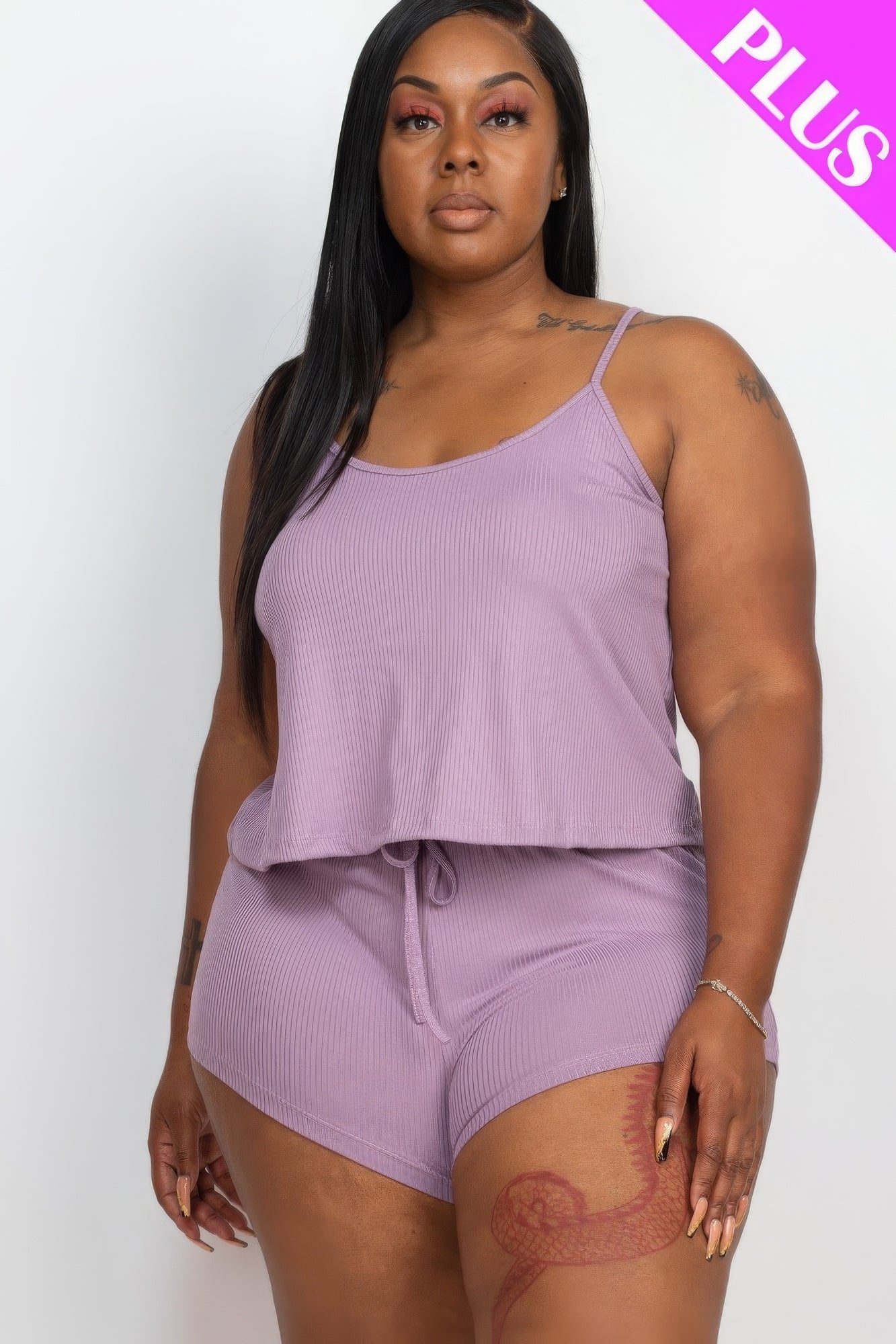 Plus Ribbed Strappy Top and Shorts Set in Cloud color, featuring a soft rib knit fabric. Available in 1XL to 3XL for a stylish look.