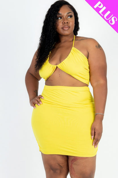 Plus Size Yellow Crisscross Halter Top & Ruched Mini Skirt Set on Model